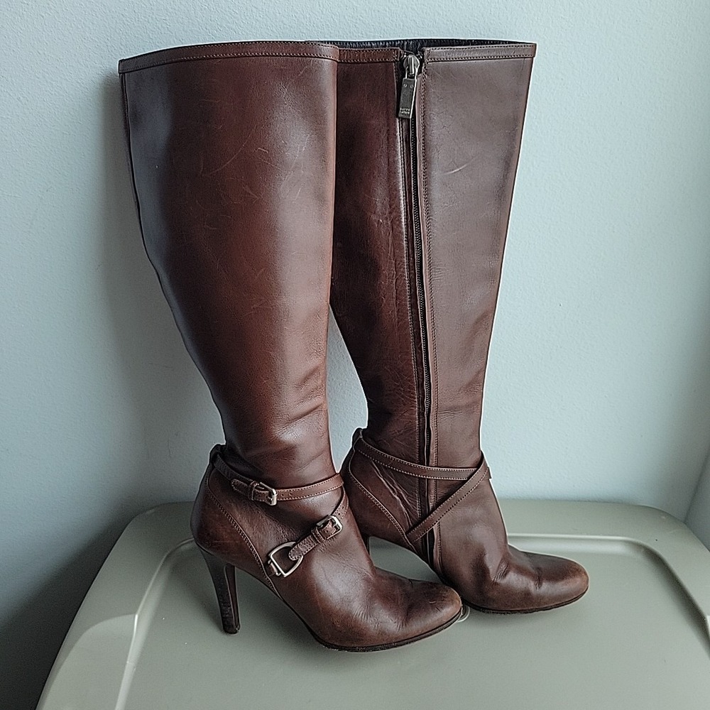Ralph Lauren Purple Label Knee High Leather Boots Womens Size 6.5 Brown Heel Zip